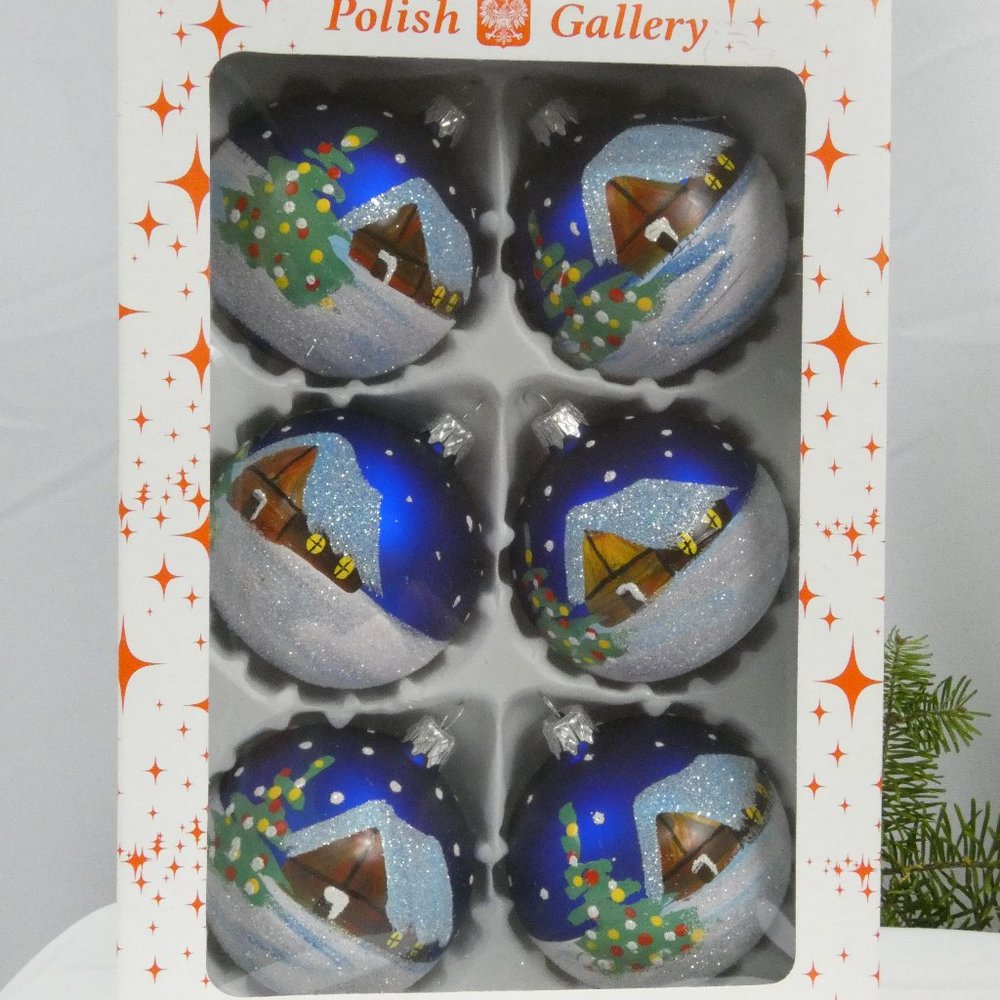 Winter Village Hand Decorated Christmas Ornament 3" Blown Glass Ball**SET OF 6**